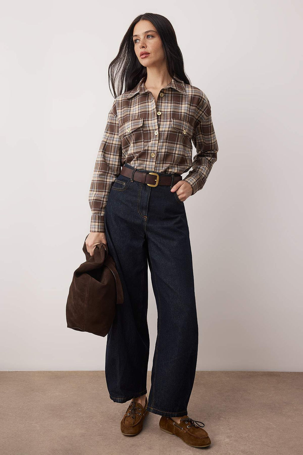 Kahverengi-Cok Renkli Ekose Gold Dugme Detayl? Oversize Gomlek TWOAW26GO00129