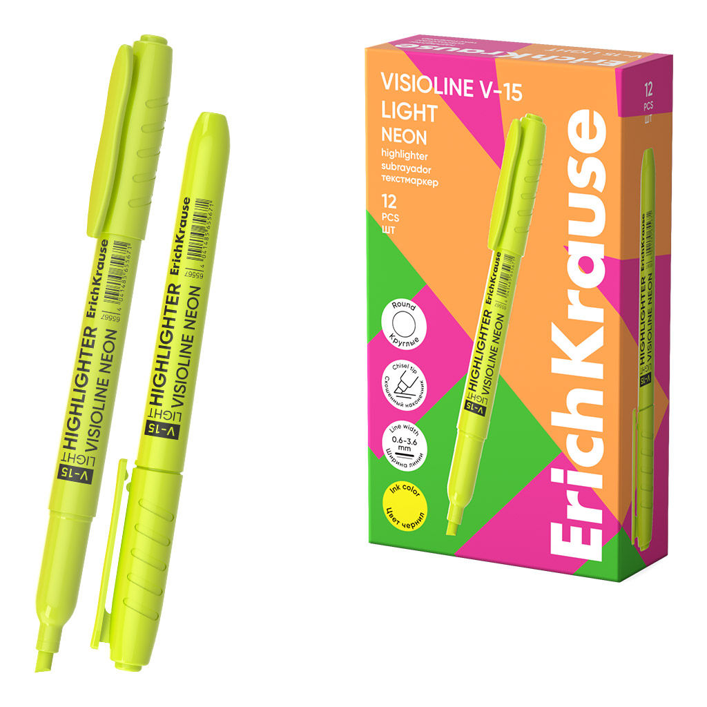Цена за 12 шт. Текстмаркер ErichKrause Visioline V-15 Light Neon, цвет чернил желтый (в коробке по 12 шт.)