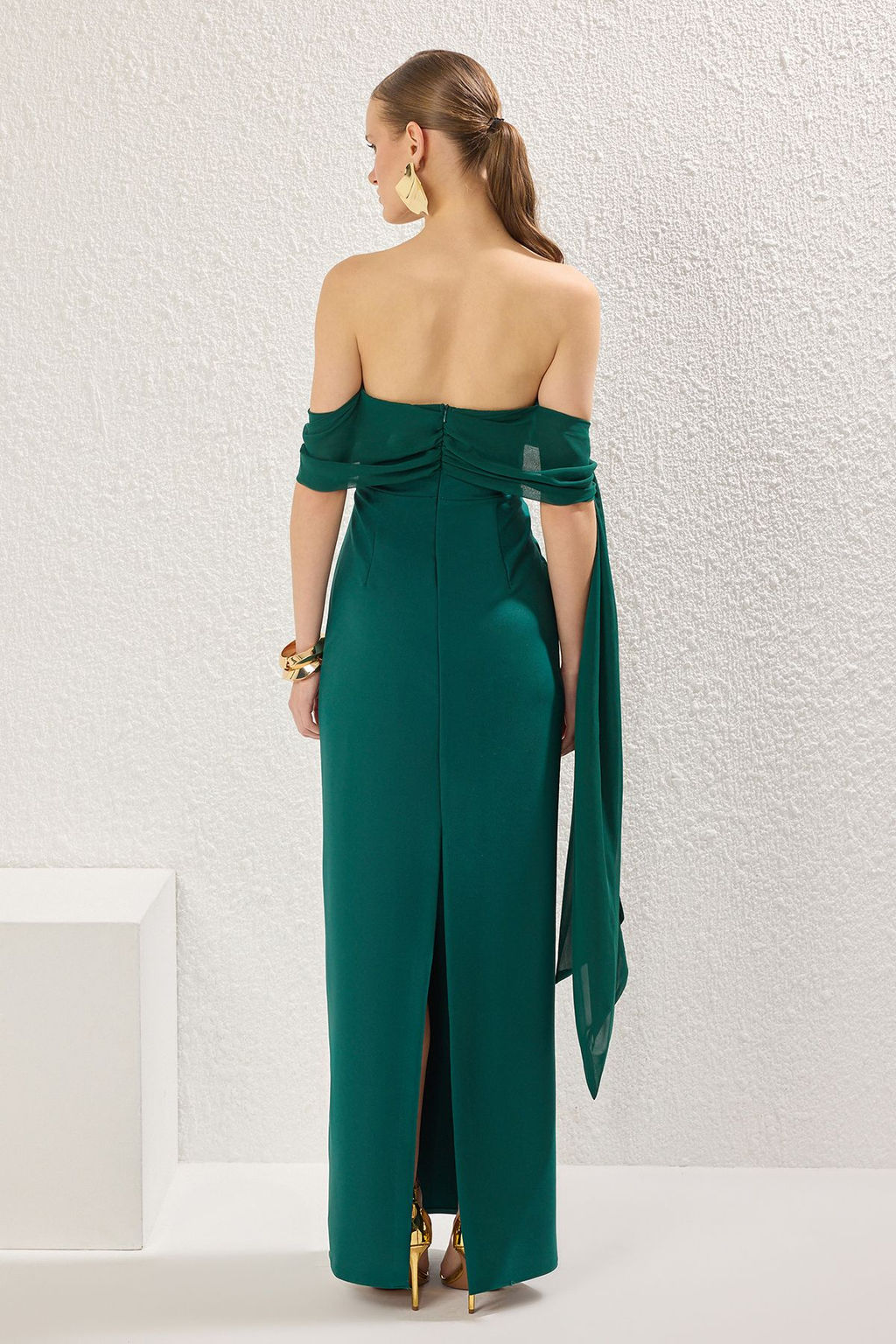 TRENDYOLMILLA Ac?k Mavi Carmen Yaka Dokuma Uzun S?k Abiye Elbise TPRSS25AE00115 фото 8