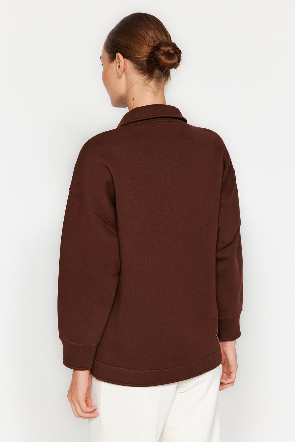 Kahverengi Oversize/Genis Kal?p Cepli ve Dugmeli Polo Yaka Ici Polarl? Orme Ceket TWOAW24CE00000 - Trendyolmilla фото 5
