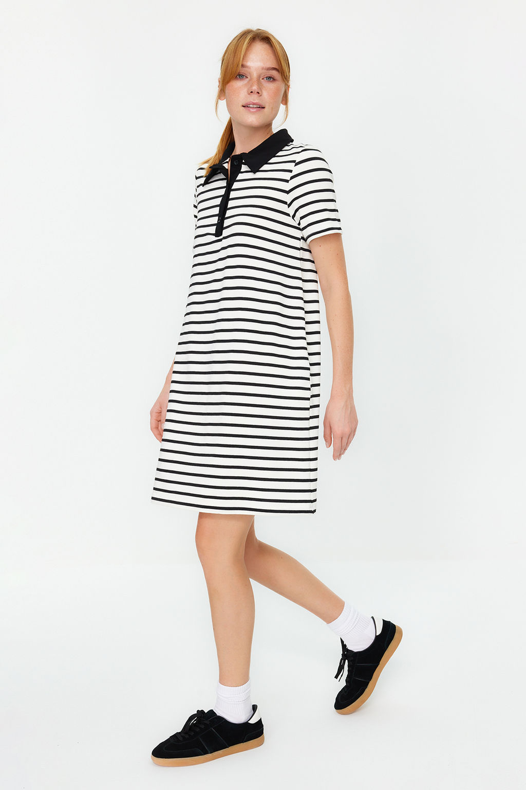 Kahverengi Beyaz Cizgili Polo Yaka A Kesim/Can Form Orme Elbise TWOSS24EL00023 - Trendyolmilla фото 10