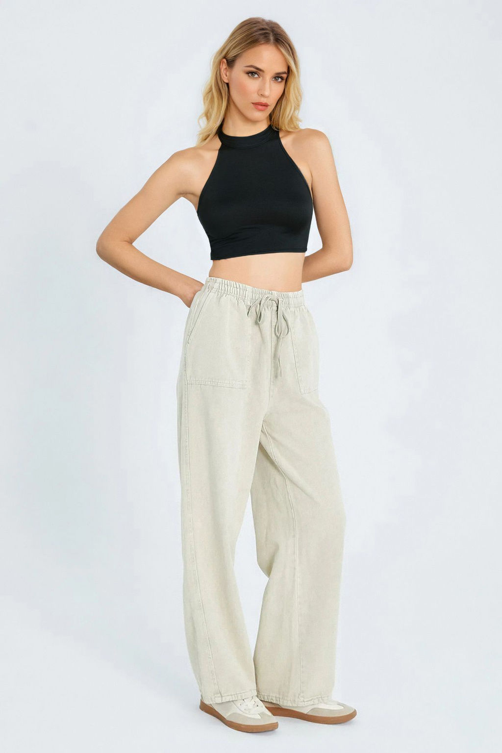 Bej Cep Detayl? Kot Gorunumlu Wide Leg/Genis Paca Dokuma Pantolon TWOSS25PL00076