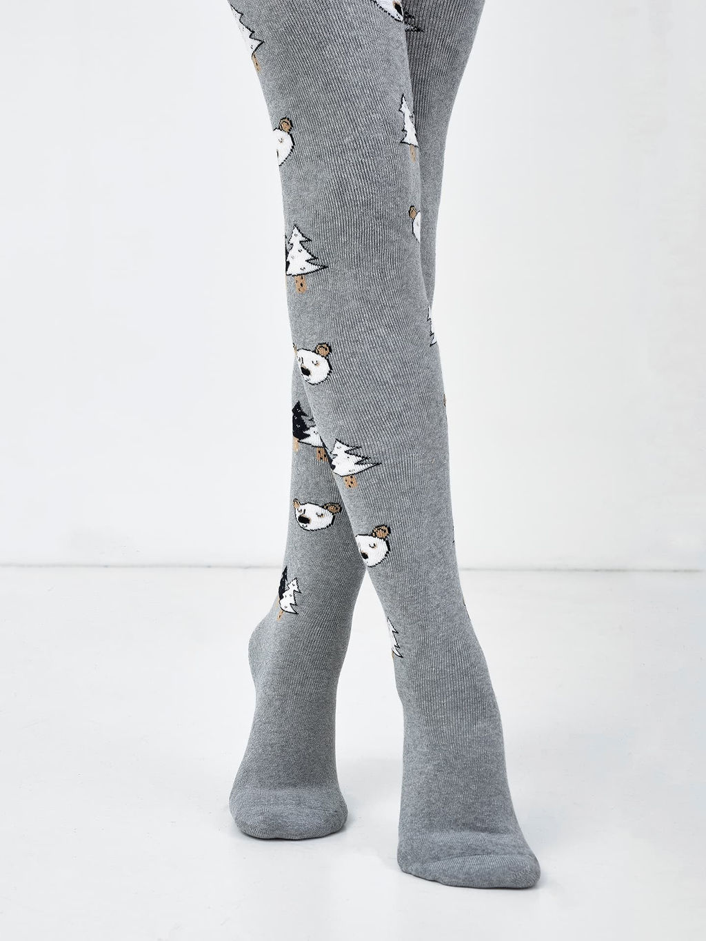 Цена за 3 пары! Плюшевые детские колготки в оттенке серый меланж с елками и медведями - Mark formelle фото 2