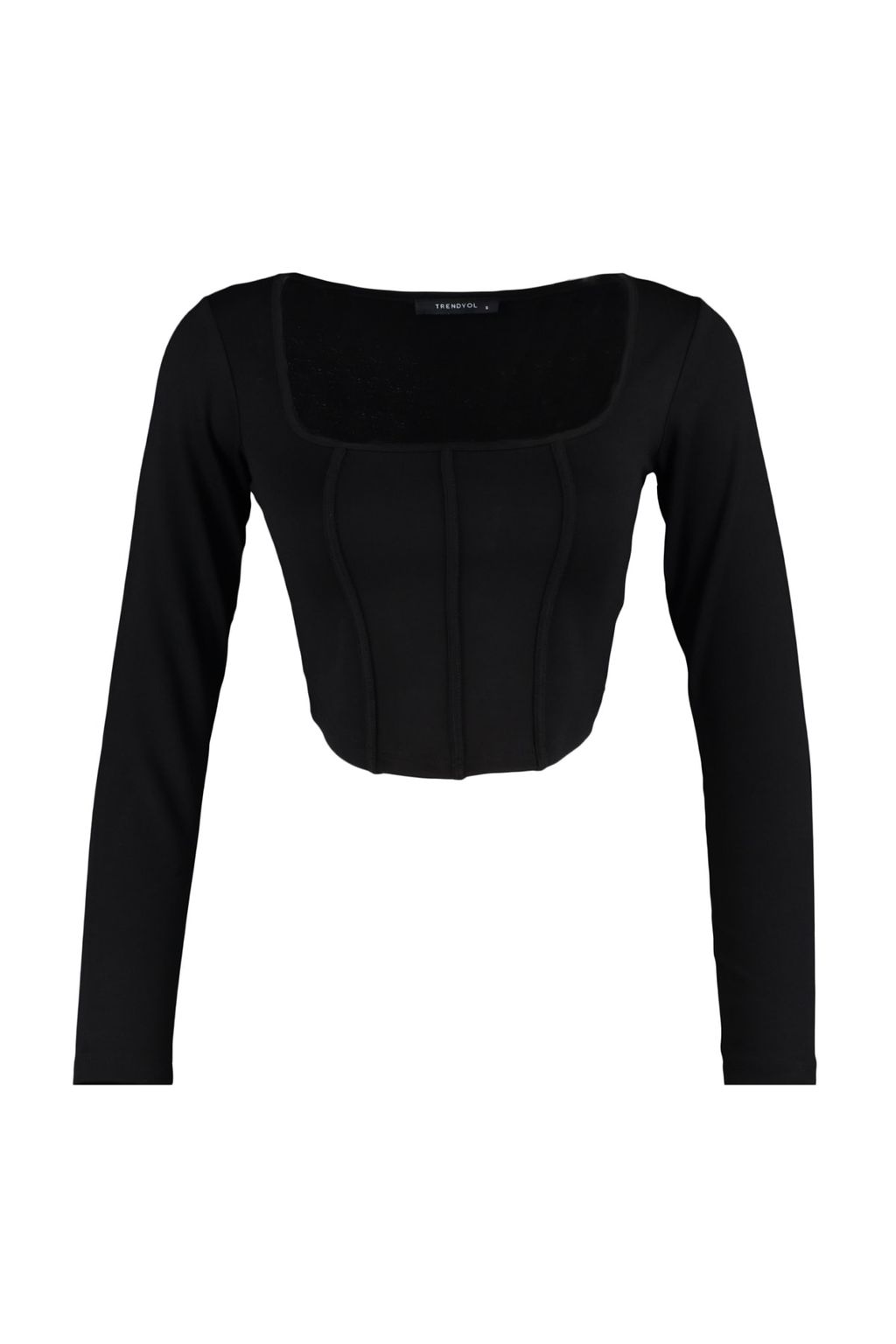 Trendyolmilla Siyah Biye Detayl? Kare Yaka Fitted/Vucuda Oturan Crop Interlok Orme Bluz TWOAW23BZ00151