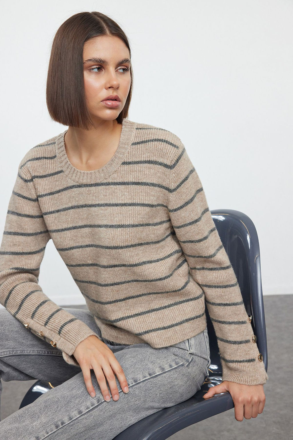 Bej Yumusak Dokulu Basic Cizgili Triko Kazak TWOAW25KZ00235