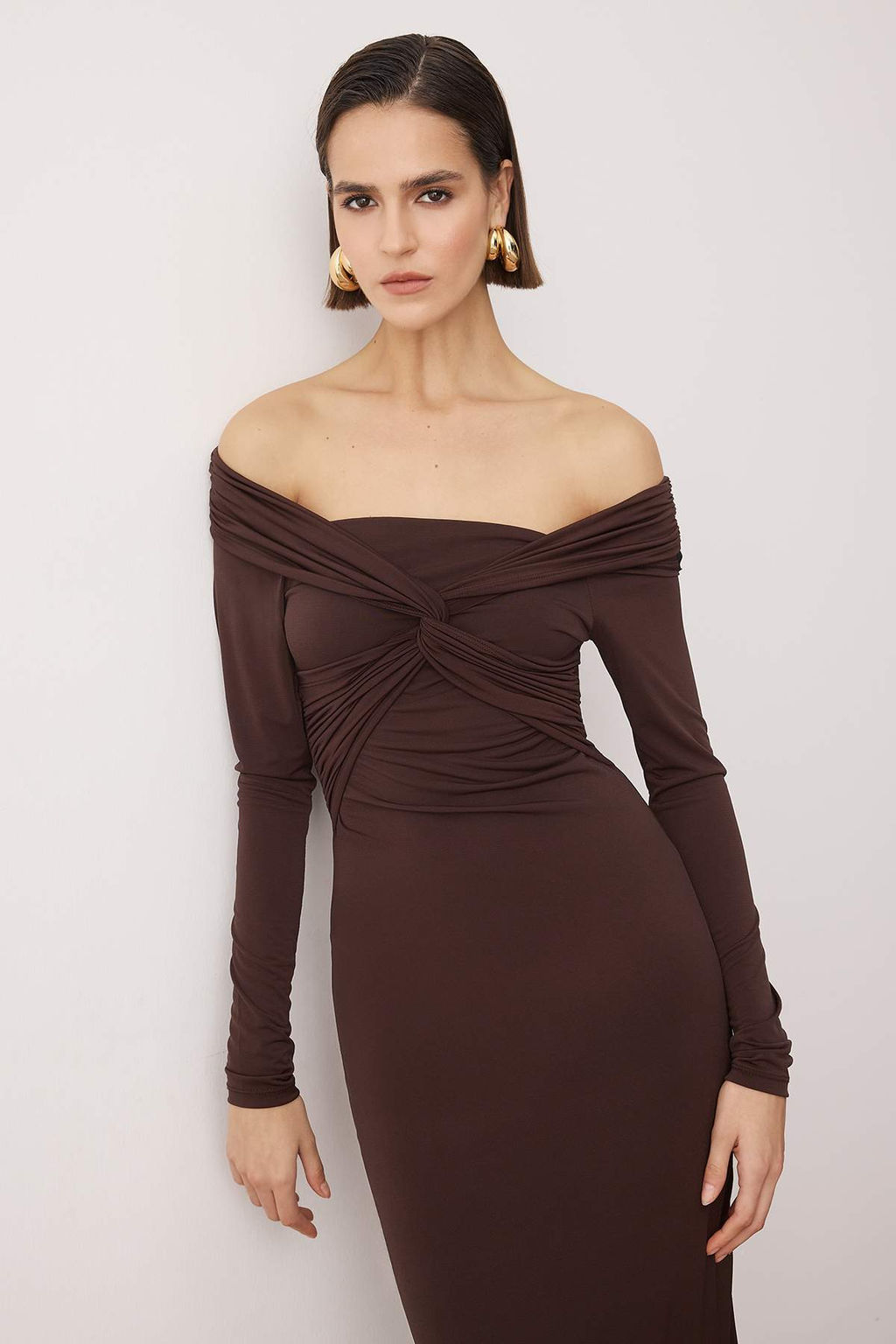 Koyu Kahverengi Yaka Detayl? Orme Midi Astars?z S?k/Gece Elbise TPRAW26EL00038