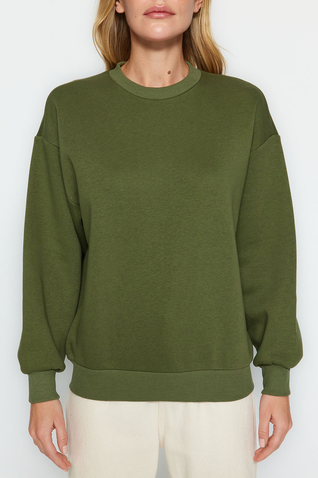 Haki Kal?n Ici Polarl? Regular/Normal Kal?p Bisiklet Yaka Basic Orme Sweatshirt TWOAW24SW00101