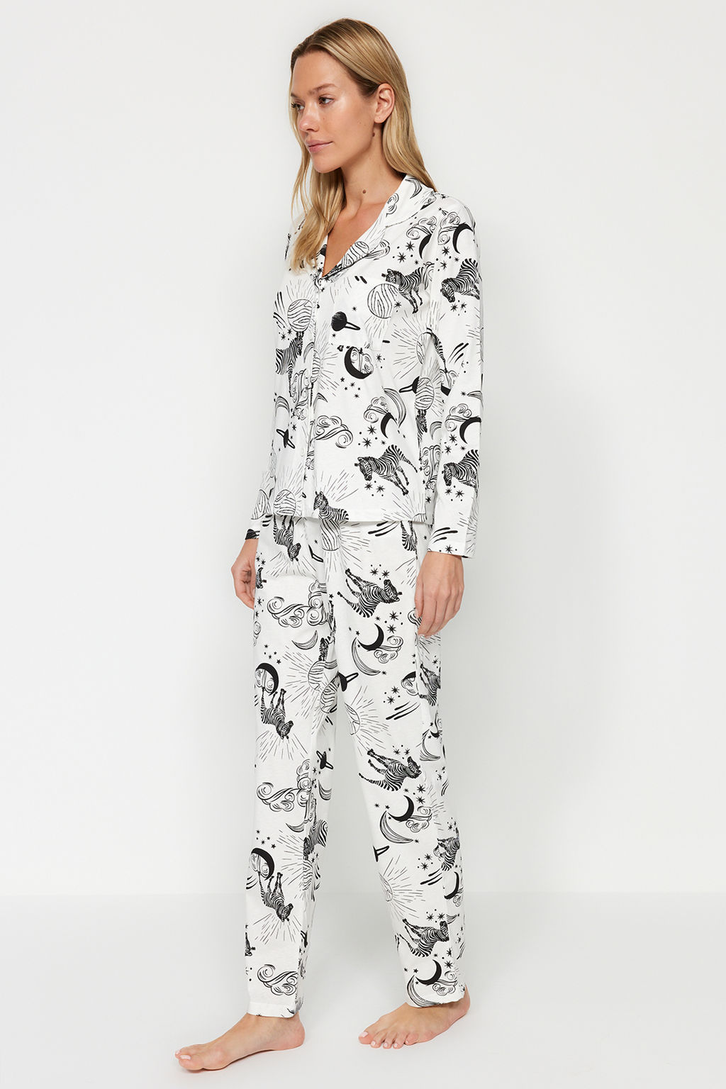 Trendyolmilla Ekru %100 Pamuklu Ay?c?kl? Gomlek-Pantolon Orme Pijama Tak?m? THMAW24PT00002  фото 27