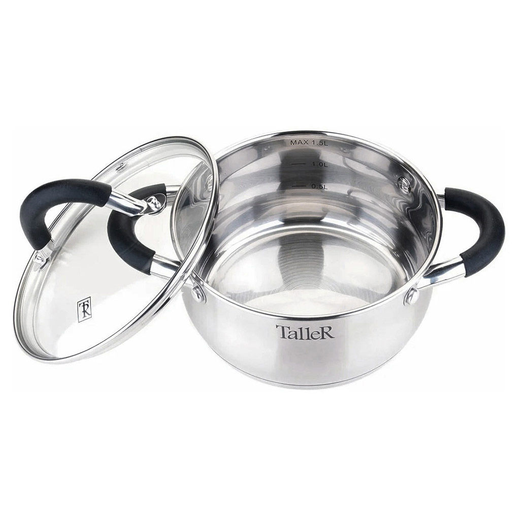 Кастрюля из нержавеющей стали Шелборн 3,2л, д20см, h10,5см, s0,6мм, дно s2,8мм, стеклянная жаропрочная крышка, стальной обод, пароотвод, силиконовые вставки черного цвета, капсулированное дно, полировка внешняя - матовая, внутренняя - зеркальная, м - Домашняя мода фото 5