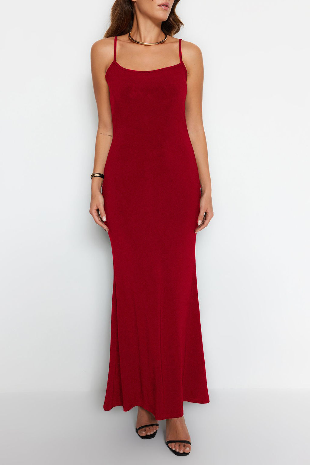 TRENDYOLMILLA Kahverengi Fitted/Vucuda Oturan Ask?l? Maxi Esnek Orme Kalem Elbise TWOSS23EL02435 фото 39