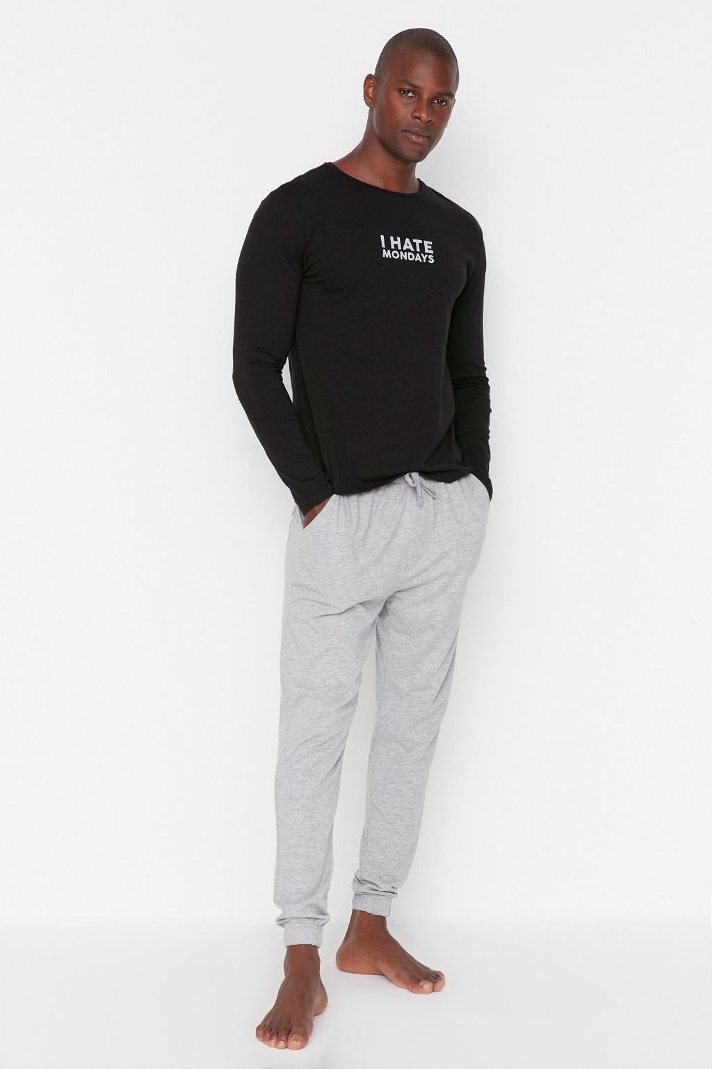 Siyah %100 Pamuk Slogan Bask?l? Regular Fit Orme Pijama Tak?m? TMNAW23PT00017 - Trendyolmilla фото 5