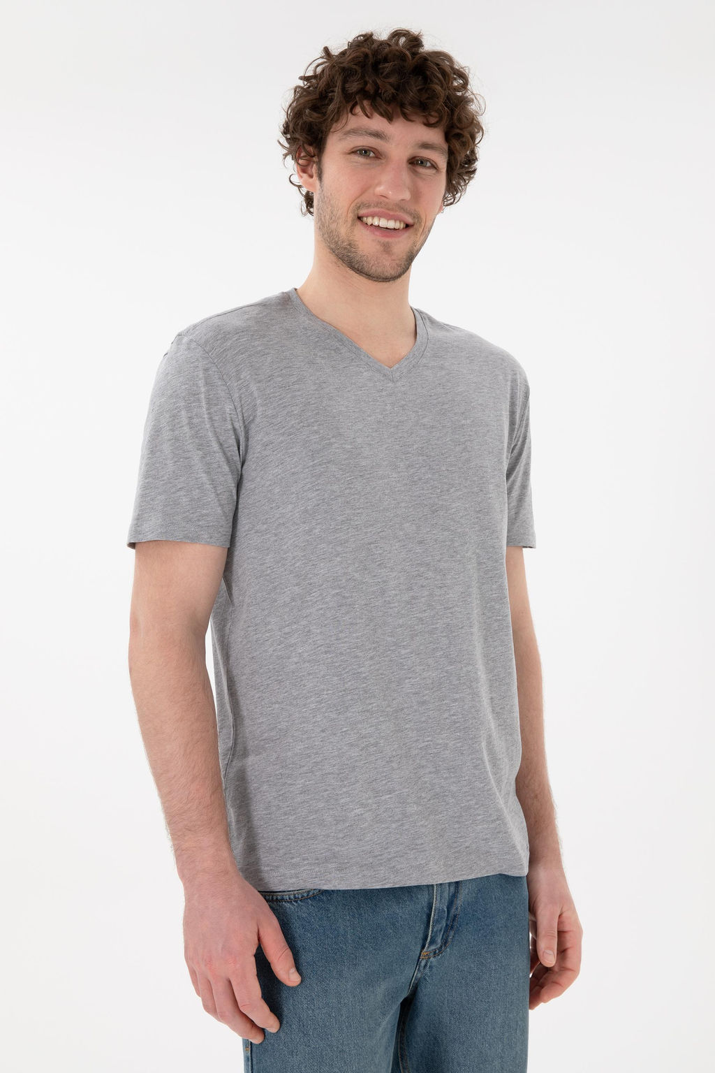 Erkek Regular Fit V Yaka Gri Melanj Basic Ti__rt Sepette S_rpriz _ndirim - U.s. polo assn фото 4