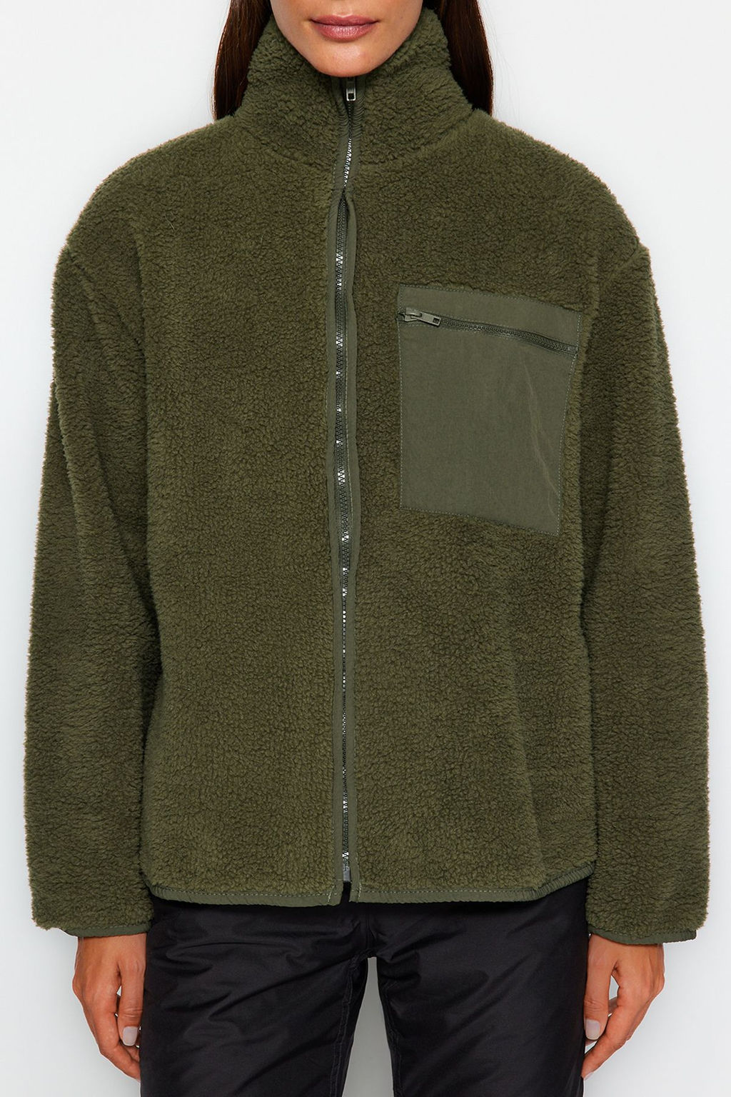 TRENDYOLMILLA Winter Essentials Gri Polar Fermuarl? Dik Yaka Uzun Kol Cep Detayl? Orme Sweatshirt TWOAW24SW00071 фото 2