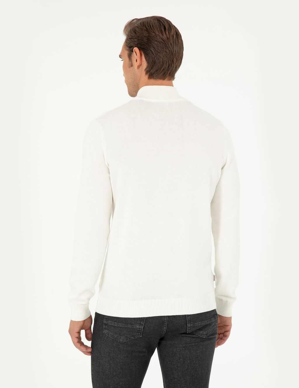 Ekru Slim Fit Yar_m Bal_k__ Yaka Basic Triko Kazak