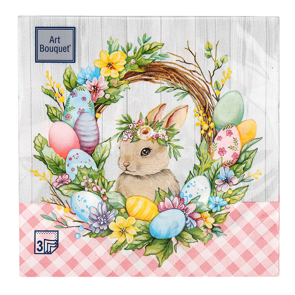 Салфетки бумажные Art Bouquet 33х33см, 3-х слойные, 20 штук в упаковке, 100% целлюлоза, Пасхальный венок с кроликом (Россия)