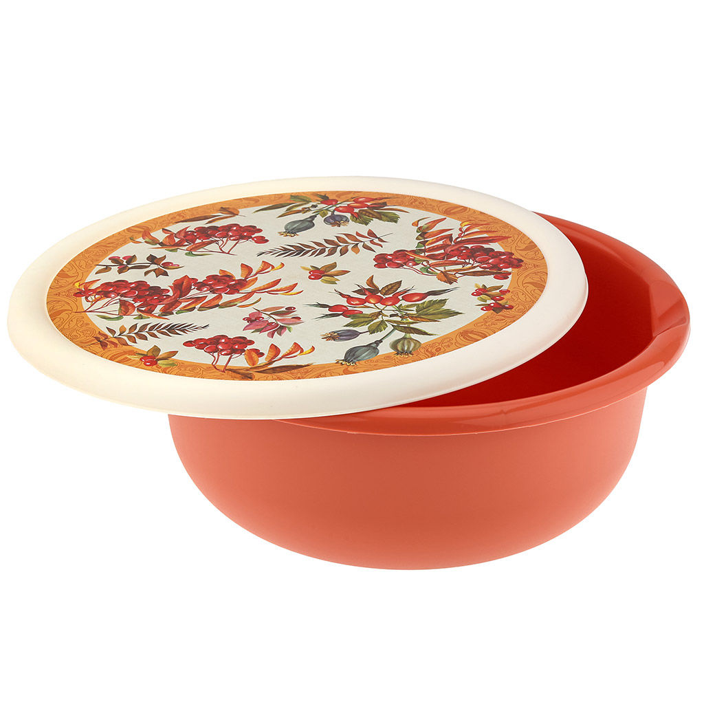Миска пластмассовая Asti 3,2л, д26,5см, h10,3см, оранжевый, с крышкой, с декором (Россия) - Домашняя мода фото 4