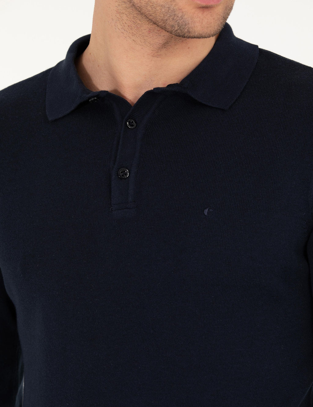 Базовый трикотажный свитер узкого кроя темно-синего цвета с воротником-поло - Cacharel фото 7