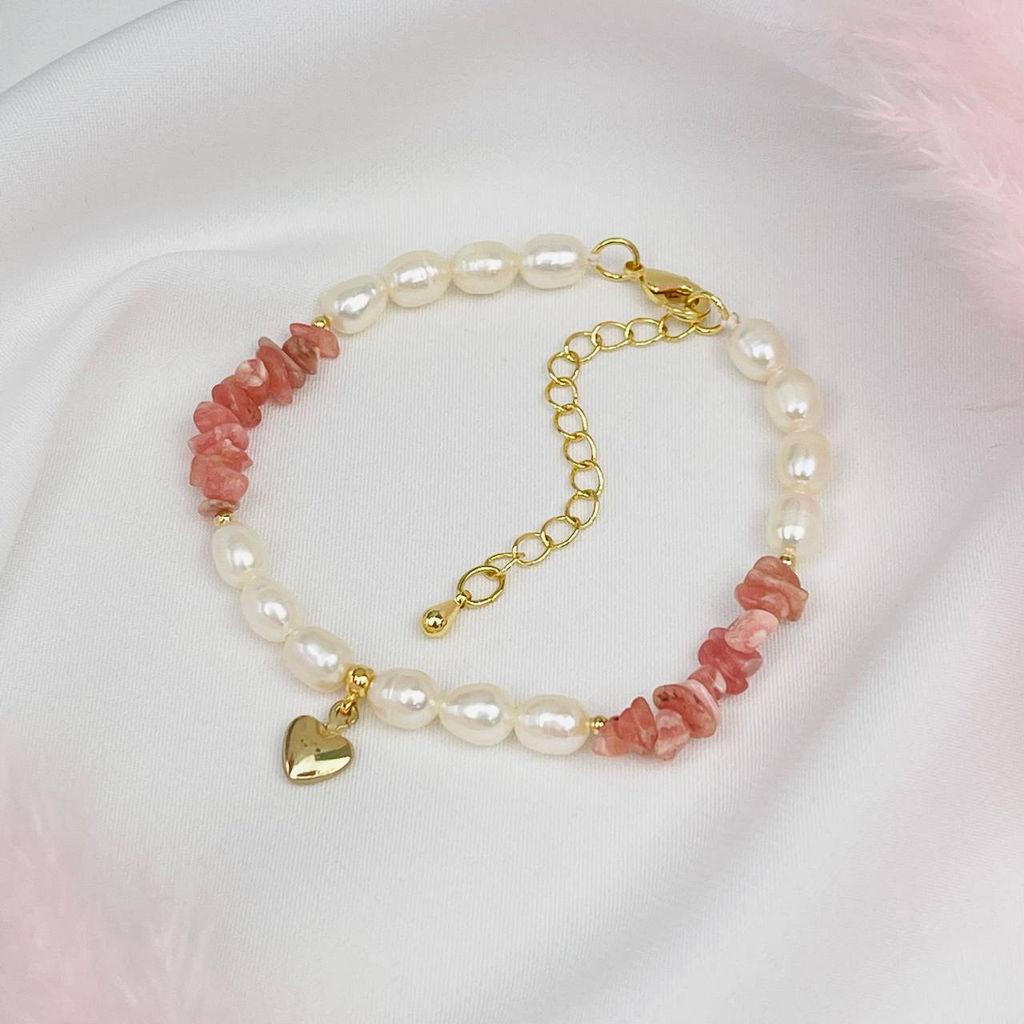 Браслет из Родохрозита и Жемчуга с подвеской "Сердце" 18,5 см +
