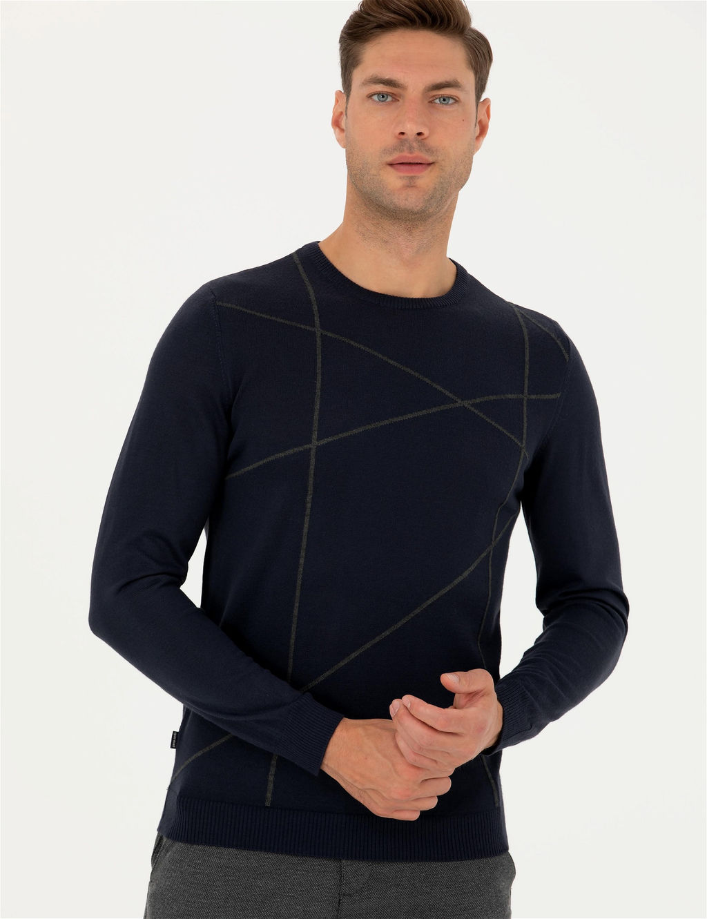 Lacivert Slim Fit Bisiklet Yaka Y_n Kar___ml_ Triko Kazak - Pierre cardin фото 2