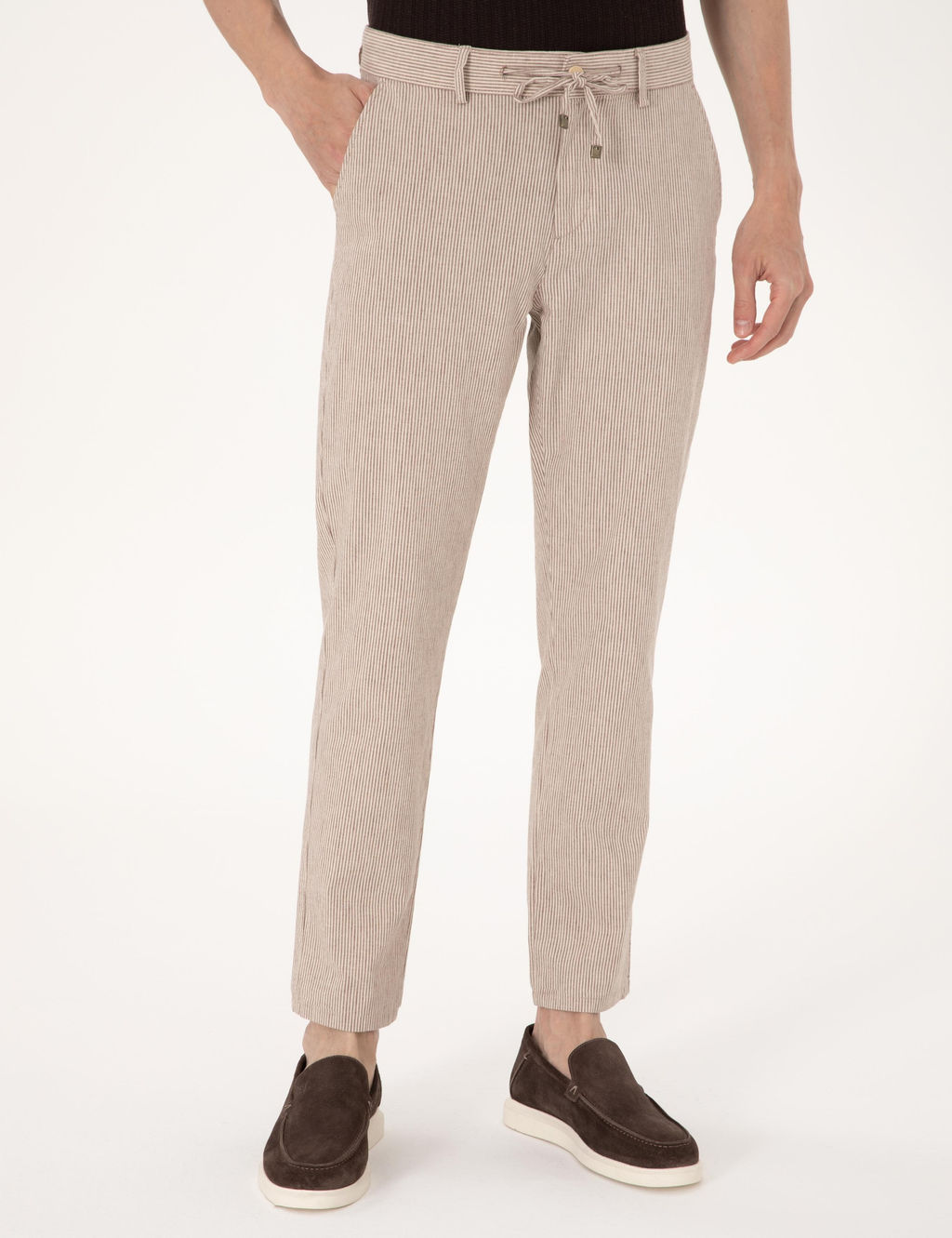 Bej Slim Fit Keten Kar___ml_ Beli _pli _izgili Kanvas Pantolon
