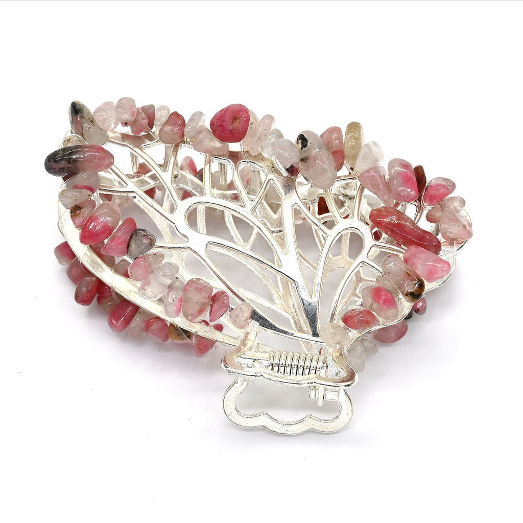 Заколка краб для волос бабочка кварц с включением родонита 8*3,5*5см