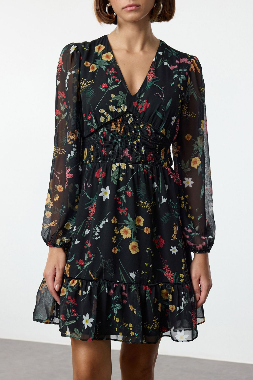 TRENDYOLMILLA Cok Renkli Gipe Detayl? Etegi Volanl? Astarl? Sifon Dokuma Elbise TWOAW24EL00485  фото 4