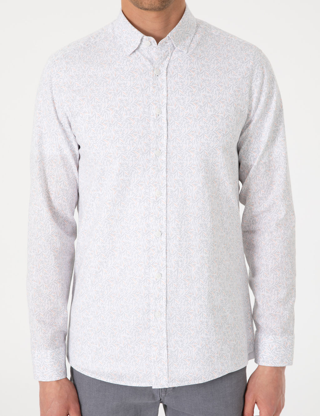 Beyaz Desen Bask_l_ Slim Fit Uzun Kollu G_mlek