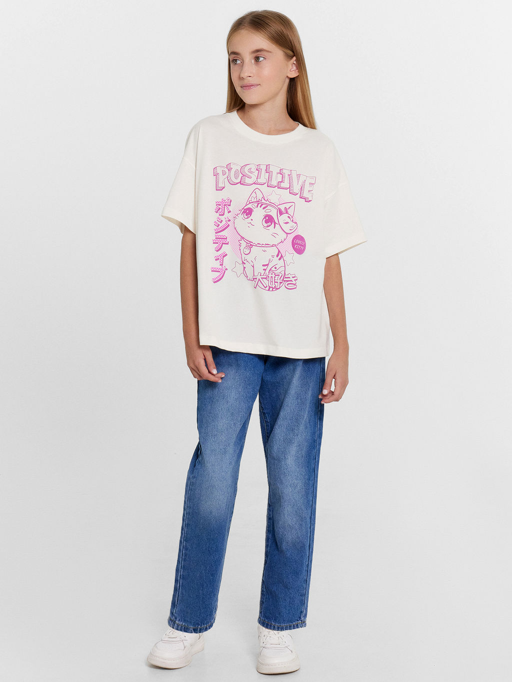 Футболка для девочек бело-бежевая с аниме котиком - Mark formelle фото 3