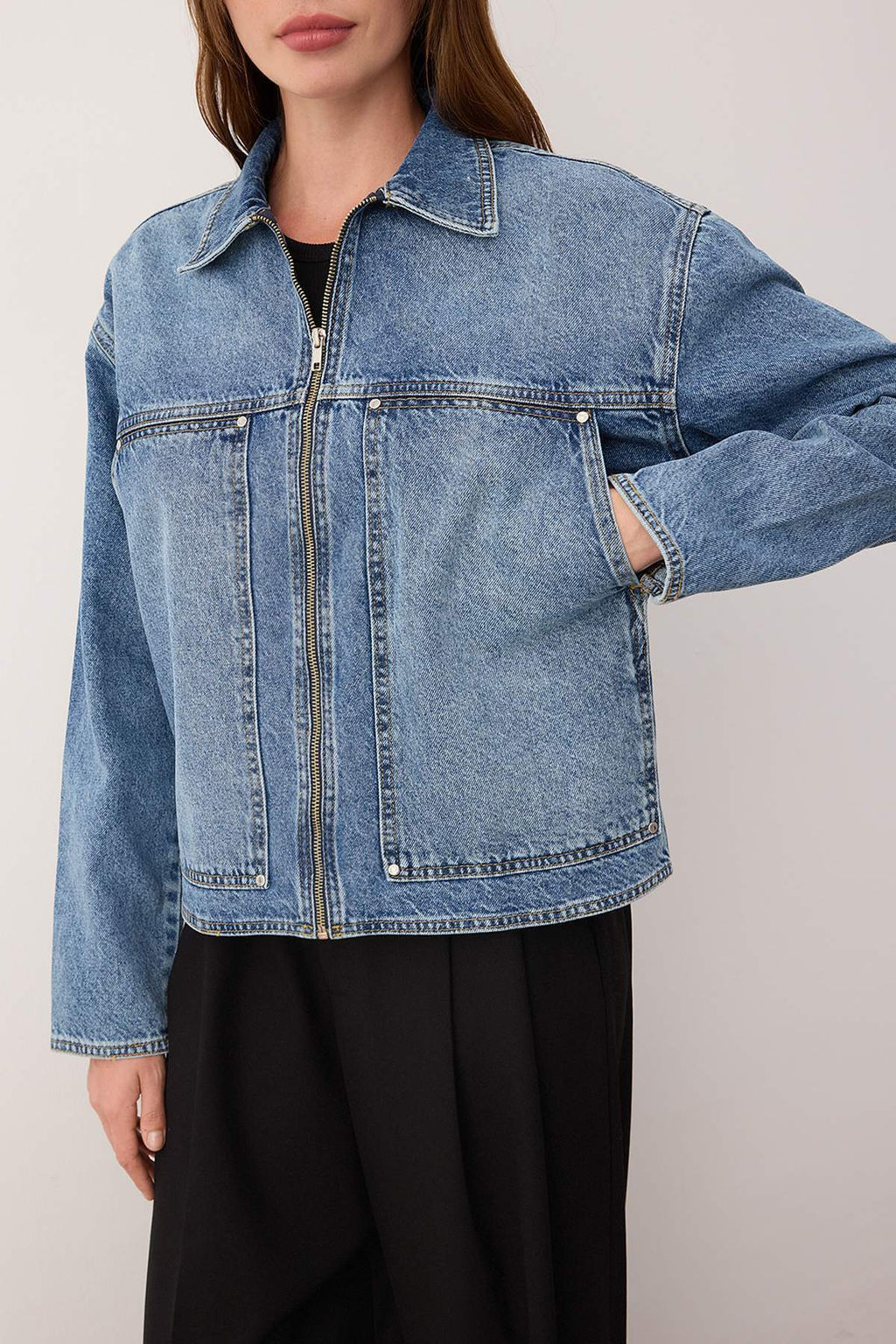 Mavi Fermuarl? Cep Detayl? Oversize Denim Ceket TWOAW26CE00022 - Trendyolmilla фото 3