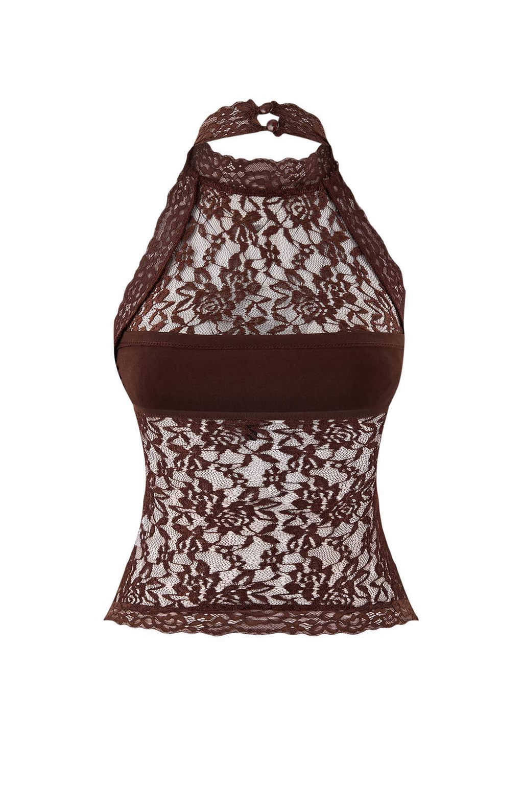 Koyu Kahverengi Dantel Yar?m Astarl? Halter Yaka Party Bluz TPRSS26BZ00003