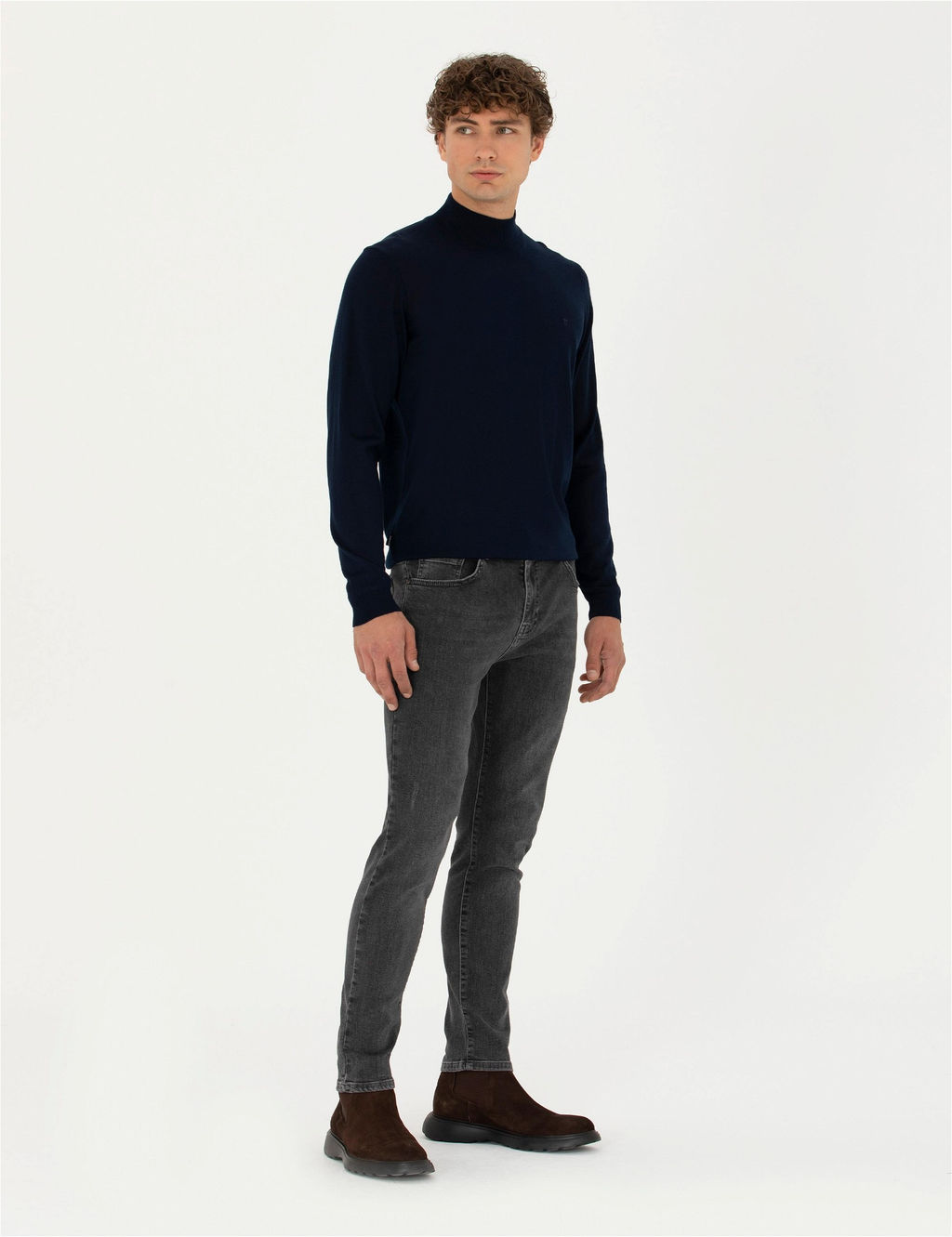 Lacivert Slim Fit Yar_m Bal_k__ Yaka Y_n Kar___ml_ Basic Triko Kazak - Pierre cardin фото 4