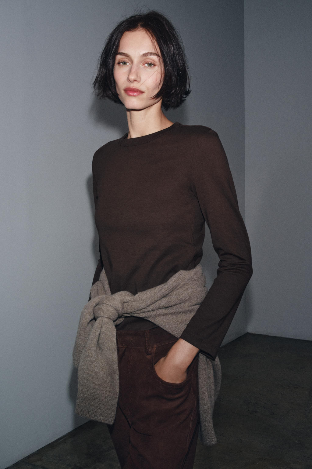 CAMISETA MANGA LARGA INTERLOCK / Chocolate - Zara фото 4