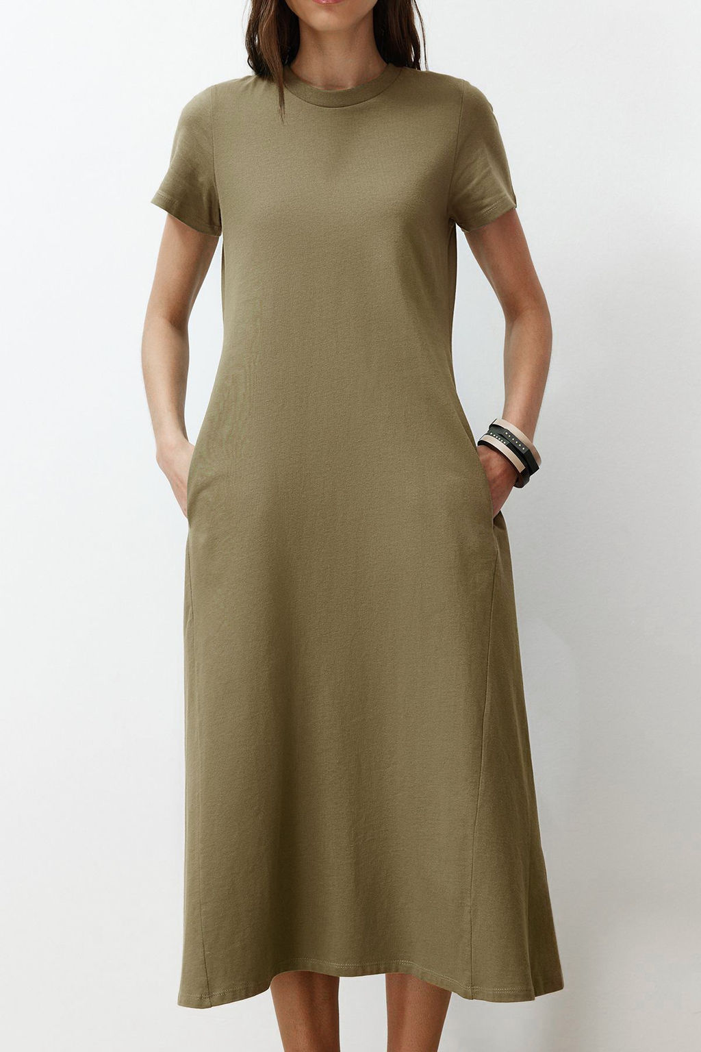 Haki Cepli Bisiklet Yaka A-Line Orme Midi Elbise TWOSS24EL00169
