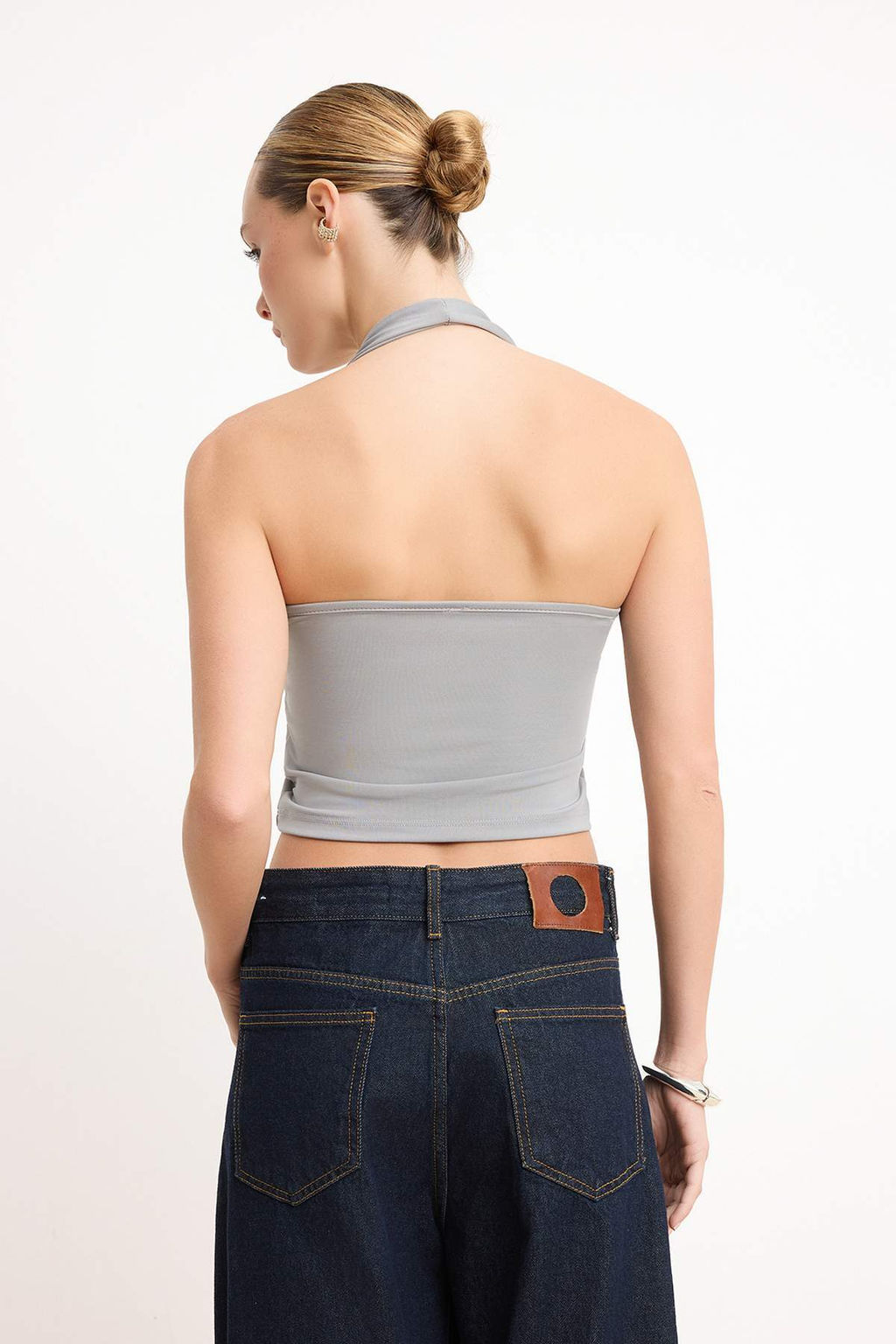 Lacivert-Gri Melanj Boyundan Gecmeli Vucuda Oturan Crop Esnek Orme Bluz TWOAW26BZ00251