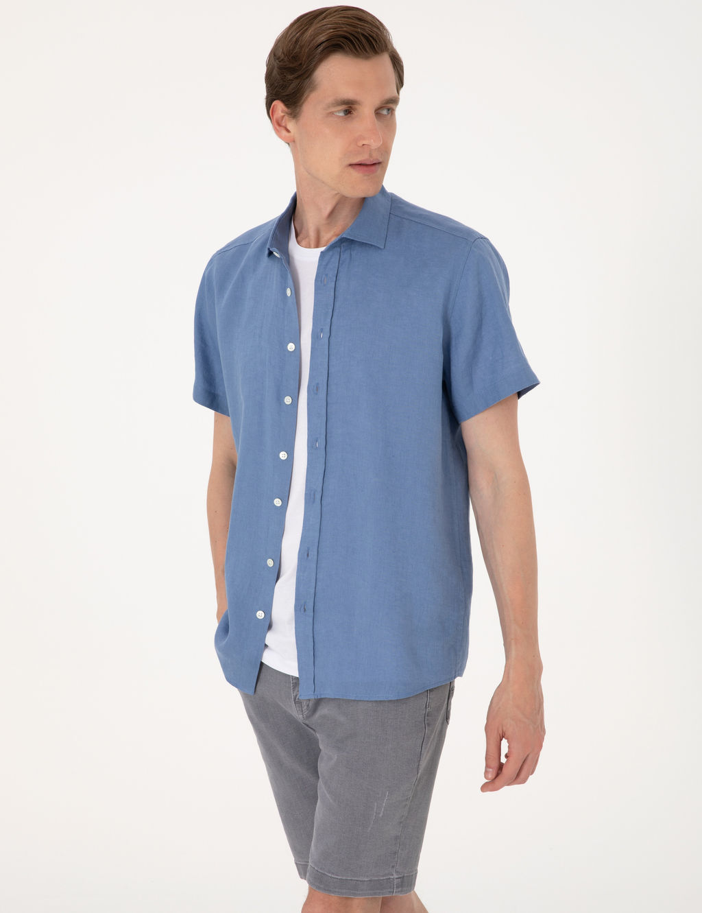 Mavi %100 Keten Regular Fit K_sa Kollu G_mlek