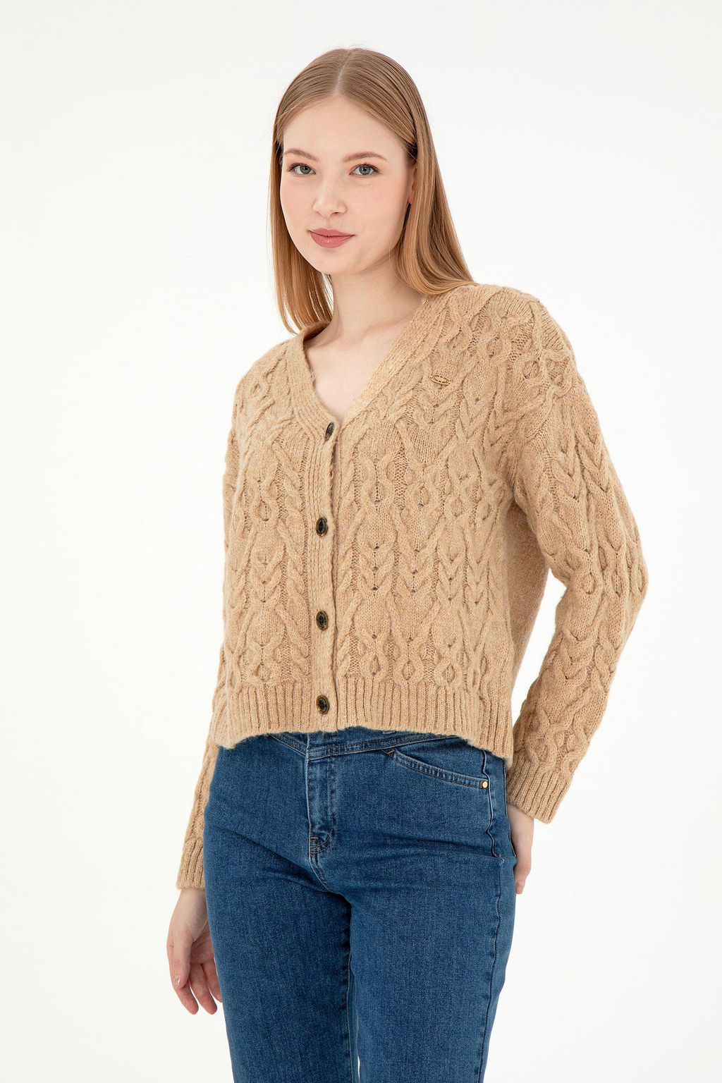 Женский трикотажный кардиган песочного меланжа Неожиданная скидка в корзине - U.s. polo assn фото 3