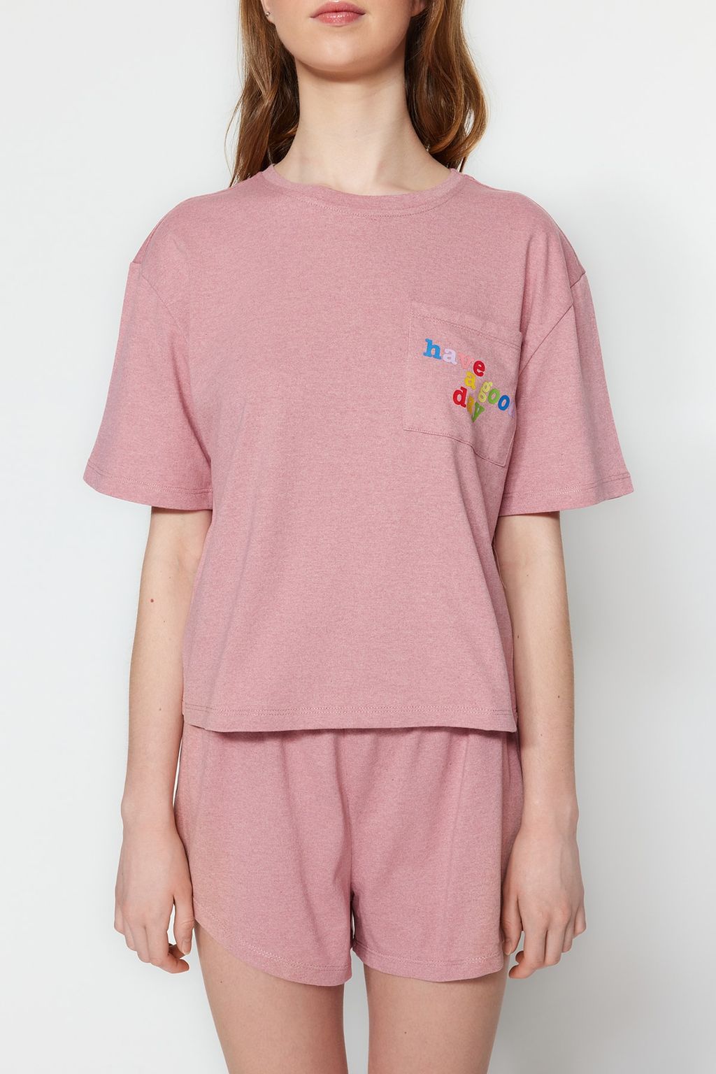 Trendyolmilla Pembe %100 Pamuklu Slogan Bask?l? Sortlu Orme Pijama Tak?m? THMSS23PT00173