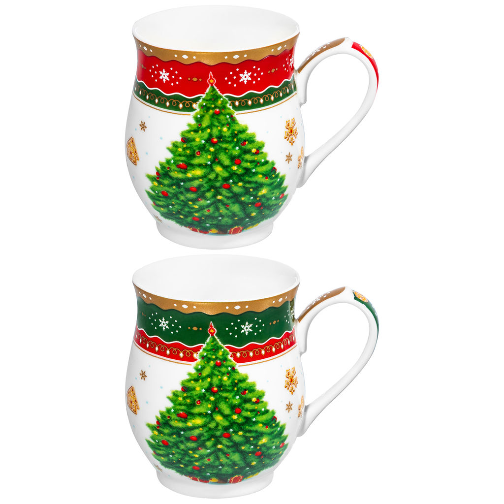 Набор кружек 2 пр. 350 мл 11,5*8,2*10 см "Новогодняя елка" зелен + красн узор, фарфор NEW BONE CHINA
