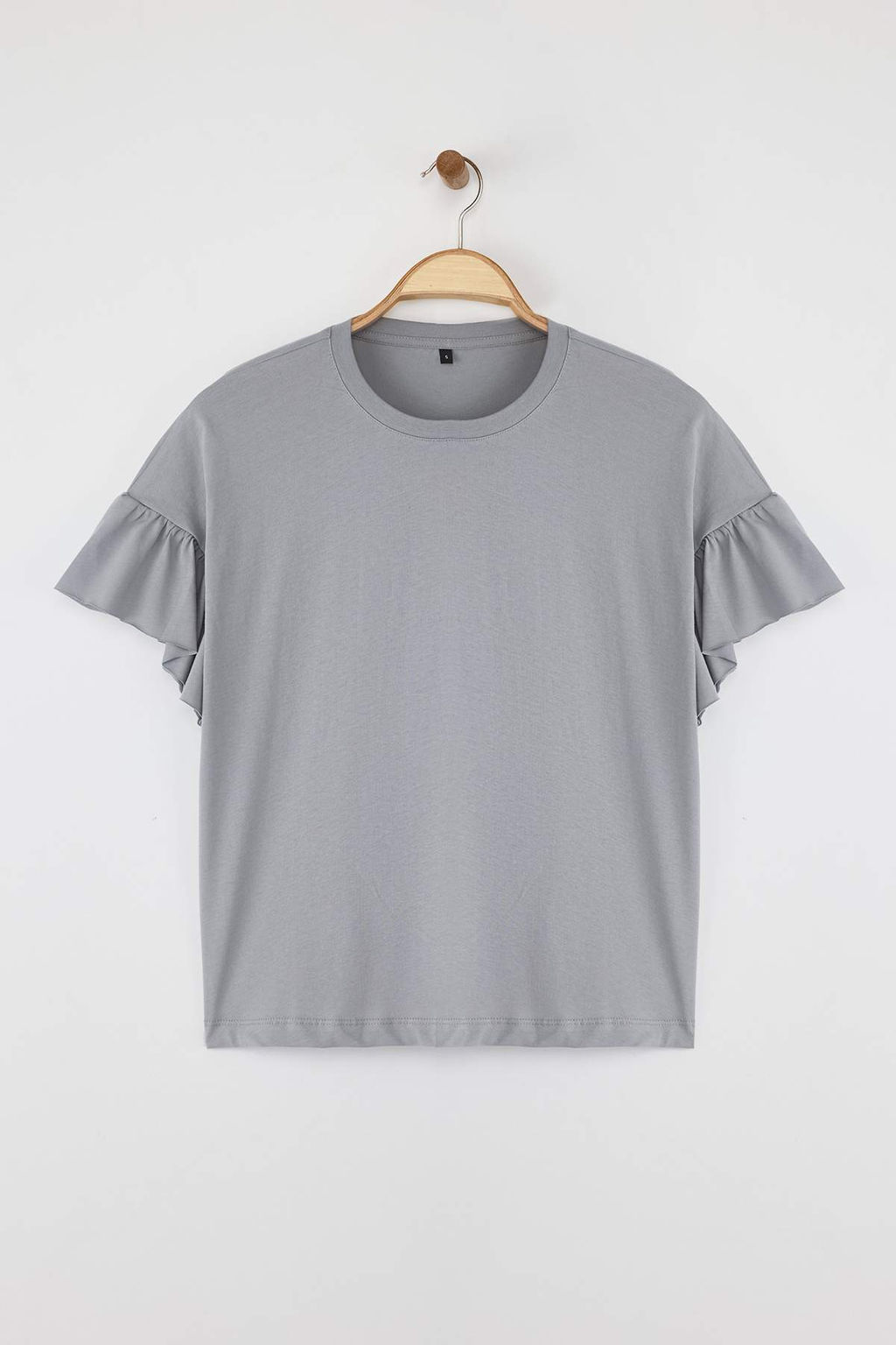 Gri %100 Pamuk F?rf?r Detayl? Basic Bisiklet Yaka Orme T-Shirt TWOSS22TS2429