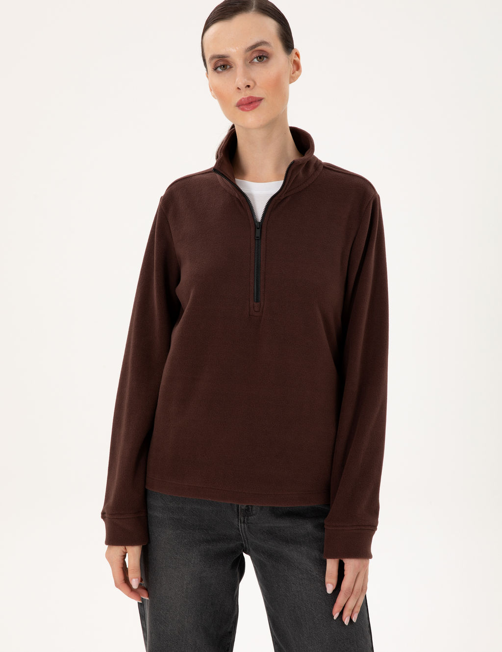 Kahverengi Comfort Fit Fermuarl_ Polar Sweatshirt