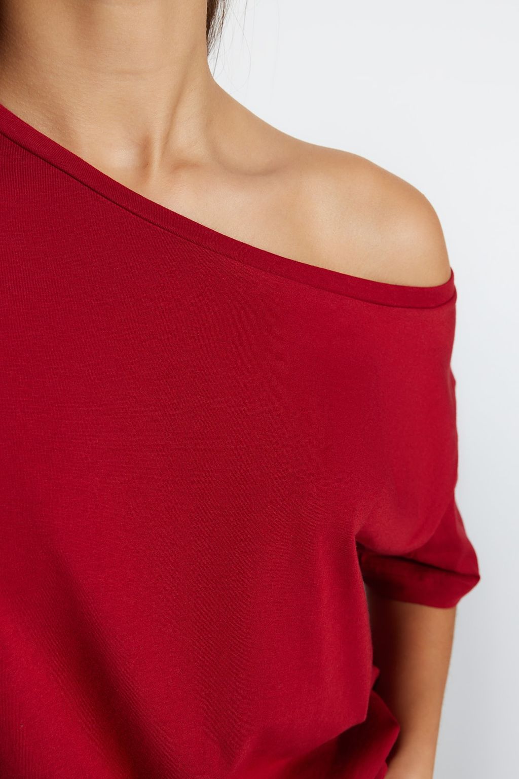 K?rm?z? %100 Pamuk Oversize/Genis Kal?p Kay?k Yaka Orme T-Shirt TWOSS20TS0140