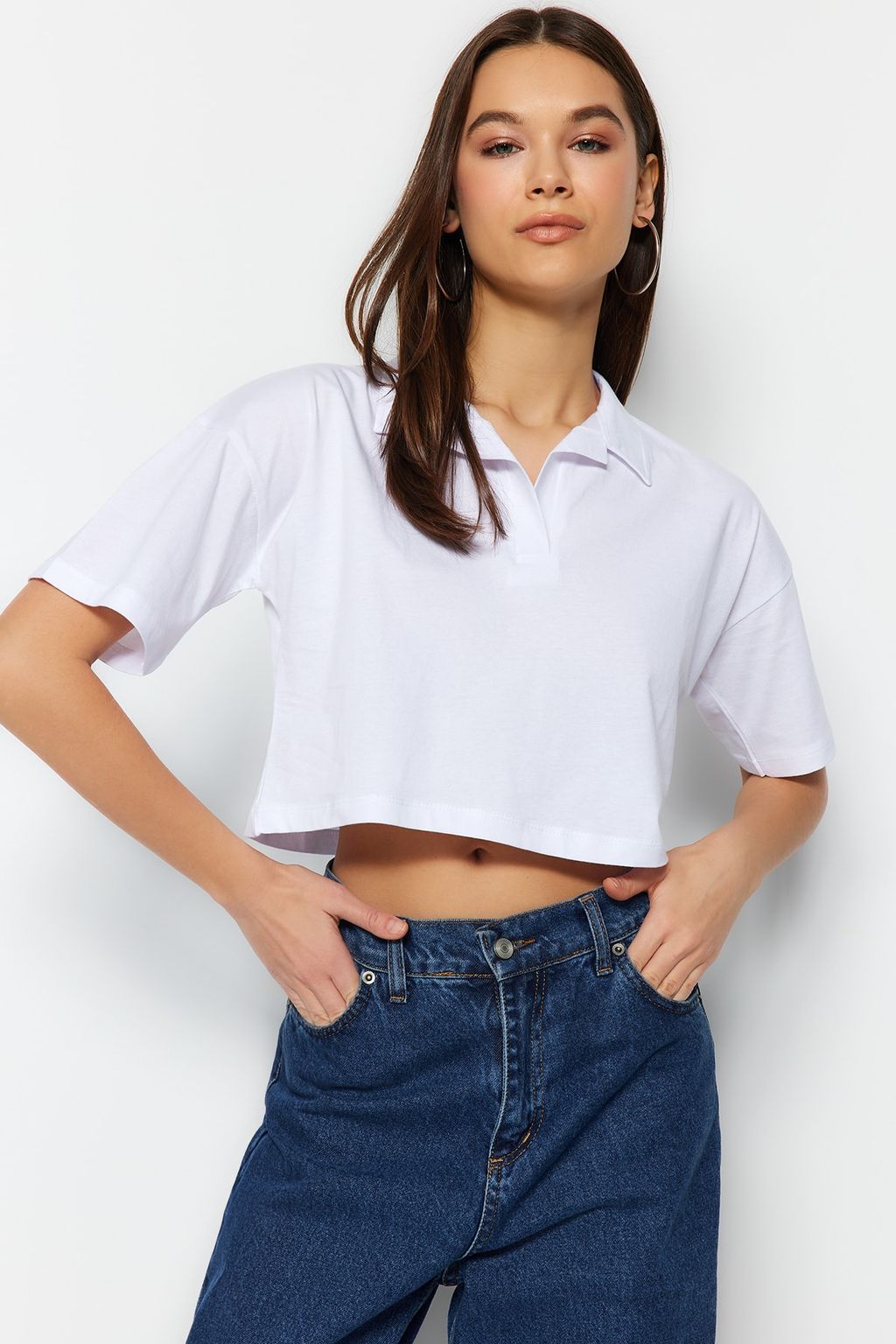 TRENDYOLMILLA Lacivert %100 Pamuk Relaxed/Rahat Kal?p Crop Polo Yaka Orme T-Shirt TWOSS22TS0241  фото 16