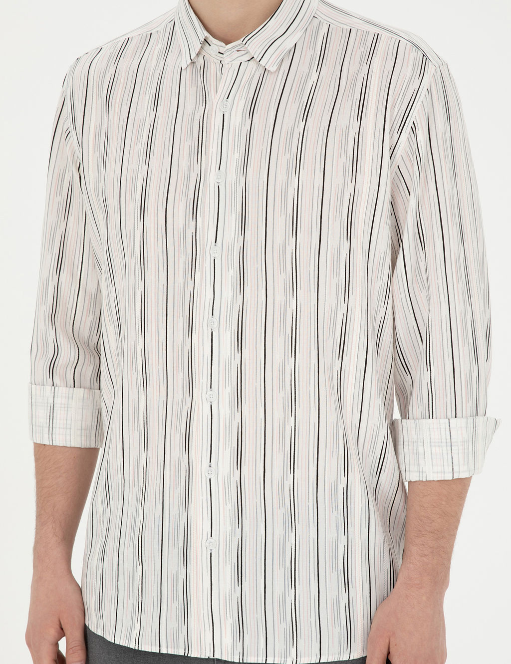 Siyah Keten Kar___ml_ Slim Fit Uzun Kollu G_mlek