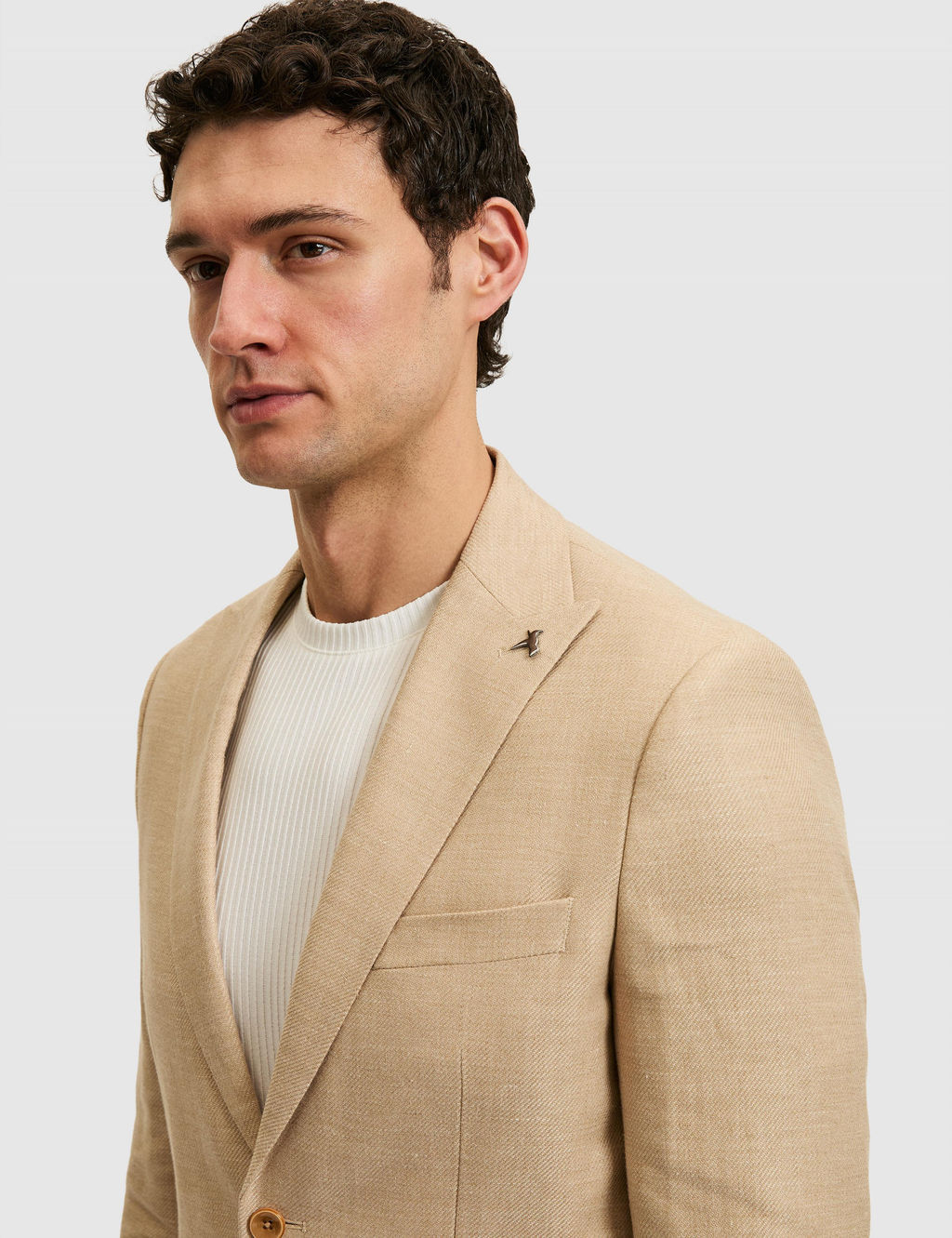 Bej Slim Fit Y_n Keten Kar___ml_ Mikro Desen K_rlang__ Yaka Ceket