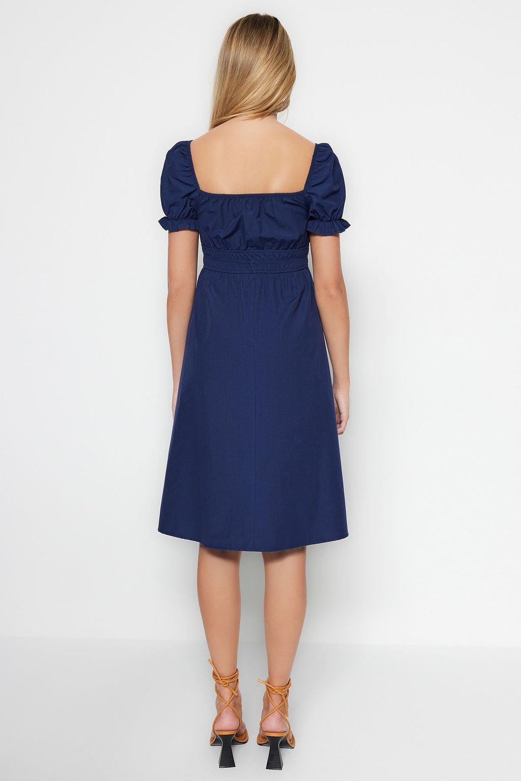 Lacivert Skater/Belden Ac?lan Balon Kollu Astarl? Midi Dokuma Elbise TWOSS22EL1768