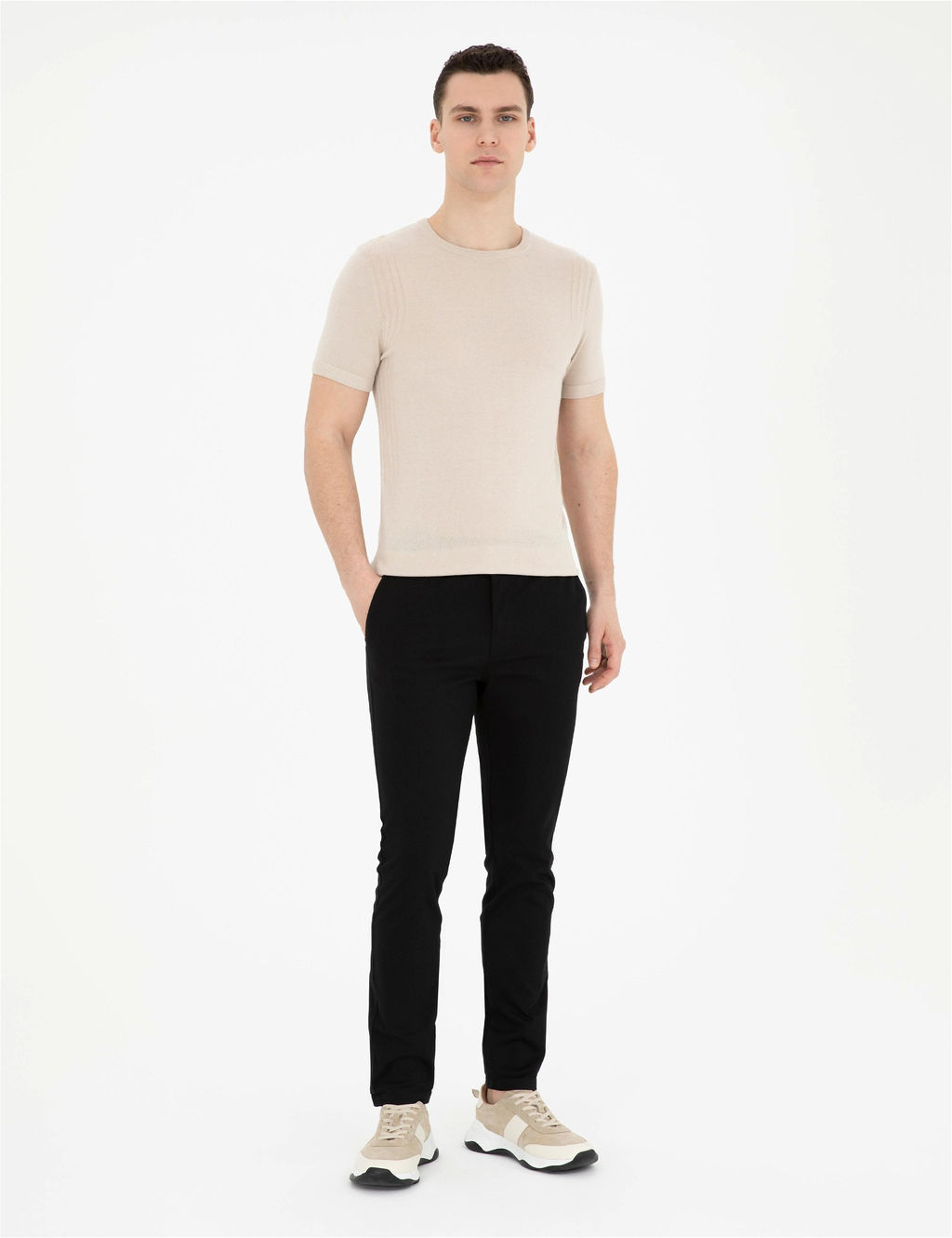 Bej Slim Fit Bisiklet Yaka Triko Ti__rt - Pierre cardin фото 4