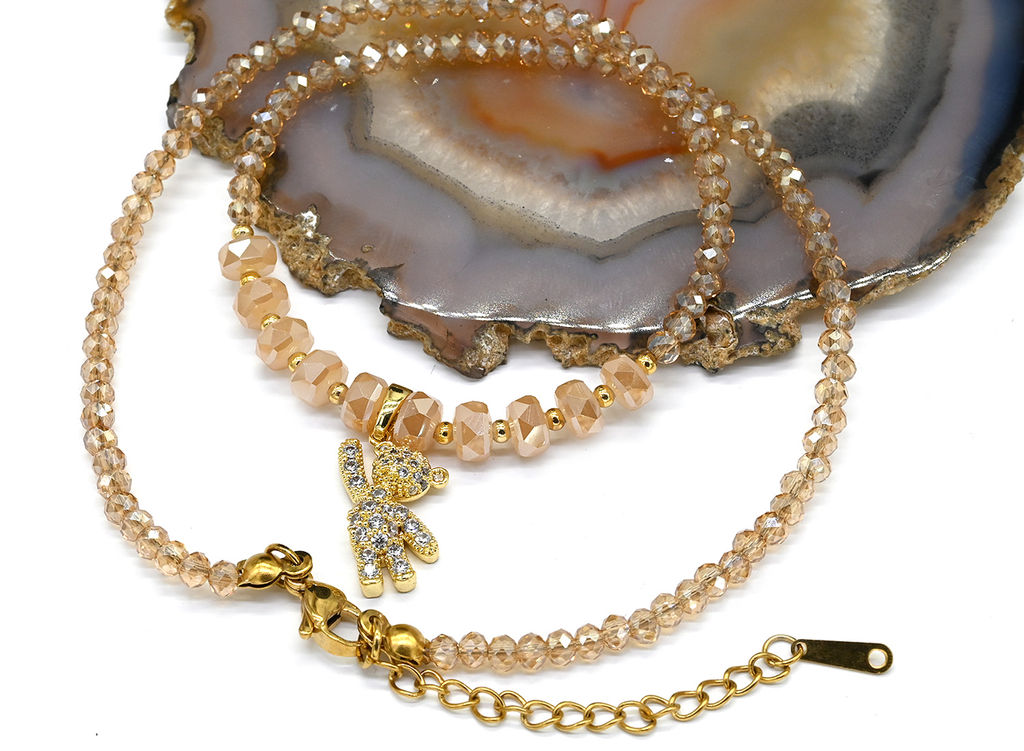 Чокер из циркона с подвеской Мишка рондель 3*2мм цв.шампань, 39см