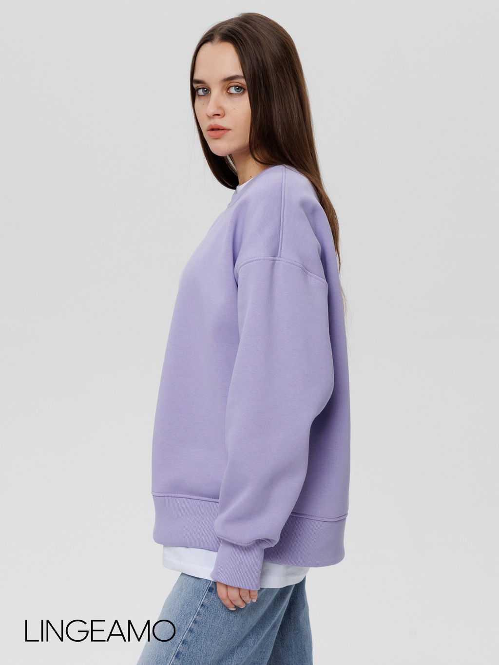 Женский свитшот оверсайз из футера с начесом Lingeamo сиреневый ВК-23 (32)  фото 6