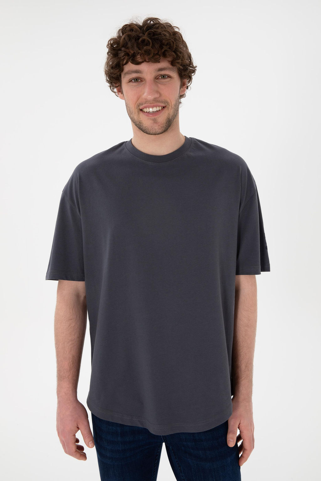 Erkek Long Fit Bisiklet Yaka Antrasit Basic Ti__rt Sepette S_rpriz _ndirim