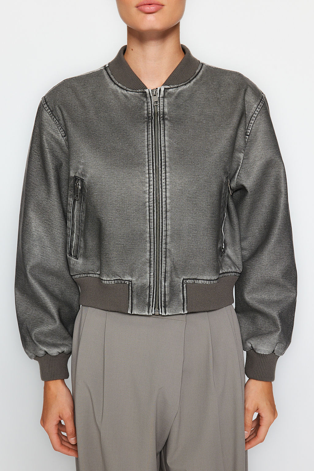 Antrasit Eskitme Detayl_ Suni Deri Bomber Ceket Mont TWOAW24MO00278 - Trendyolmilla фото 9